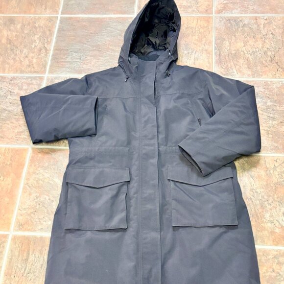 ~~Lands End Blue Stadium Hooded Long Coat Full Zip Womens Size L/P, 14/16 - Picture 1 of 8